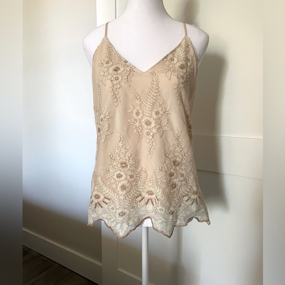 Lavender Brown Cream Tan Lace Tank Blouse Small Excellent Condition